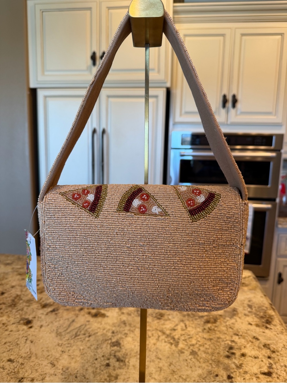 Beaded Beige Shoulder Bag with Pizza Slice Motif - Picture 5 of 10